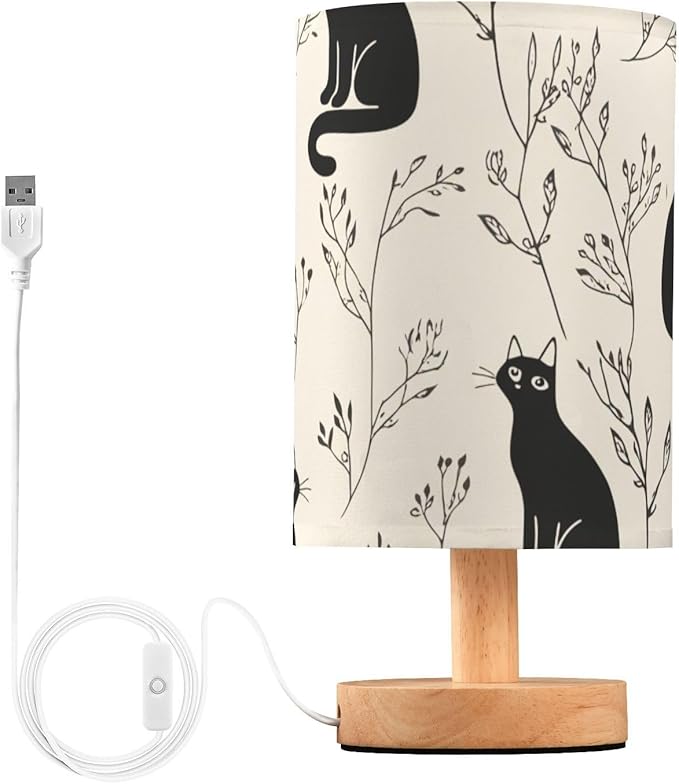 Cat LED Table Lamp, Bedside Lamp with Linen Lampshade, Flicker-Free Eye Care USB Plug in Nightstand Lamp, for Bedroom and Office