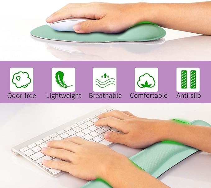 Ergonomic Keyboard Mouse Pad Wrist Rest Support Set for Laptop/Computer/Desktop,Memory Foam Hand Rest Wrist Cushion for Gaming/Office,Lightweight Comfortable (Light Green)