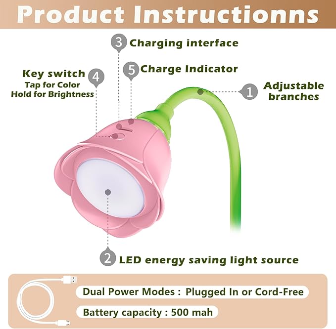 Rose Flower Lamp Rechargeable Reading Light for Bed,3-Color Modes Adjustable Brightness Small Night Light Neck Reading Light,Festival Gifts for Kids Mom Girlfriend Grandma (Pink)