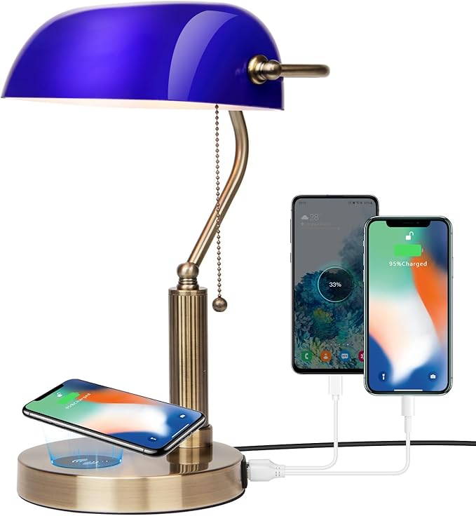FIRVRE Bankers Lamp with2 USB and Wireless Charging Port，Pull Chain Switch Blue Glass Desk Lamp， E26 Base,Traditional Library Desk Lamps for Home Office,Bedroom,Piano
