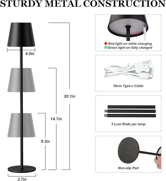 Kakanuo 20" Cordless Table Lamp Rechargeable Black - 2 Pack 5000mAH Battery Operated Lamp for Counter, 3 Color Stepless Dimming Wireless Lamp for Dining Kitchen, Outdoor Patio, Touch Control