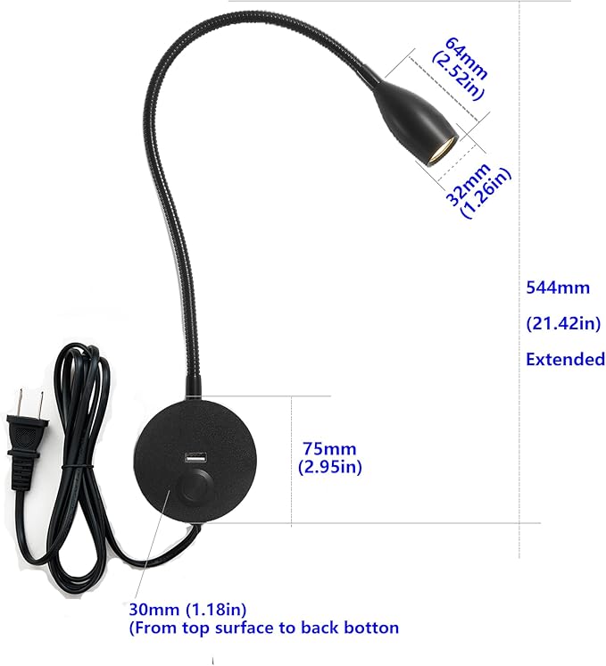 LED Wall Reading Light with USB Charging Port, Dimmable Gooseneck Bedside Lamp, Flexible Arm, 3W (Black, 120V Plug in, Warm White)