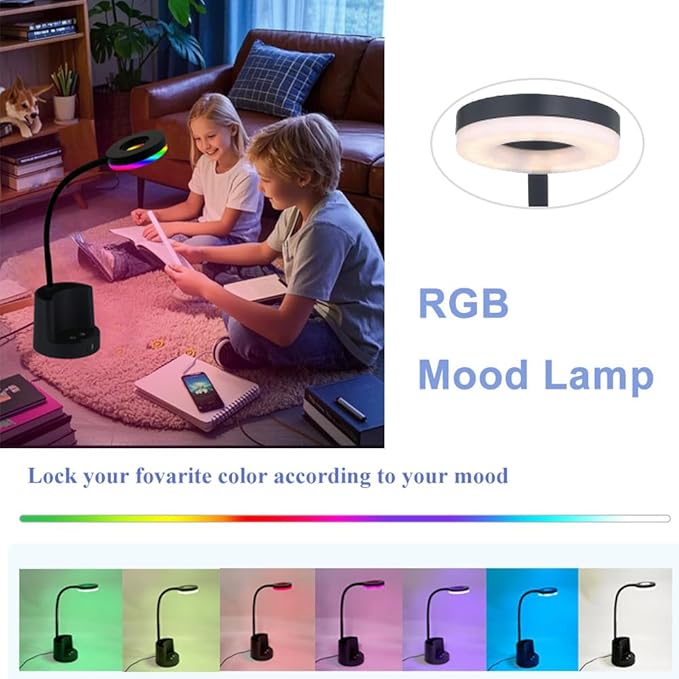 HomeFocus LED Desk Lamp,Eye-Caring Dimmable Reading Light,RGB Night Light,Student Lamp,Lamp,Table Lamp,Metal Flexible Gooseneck Lamp,Desk Lamp for Home,Office,Gift for Kids,Students,Women,Black.