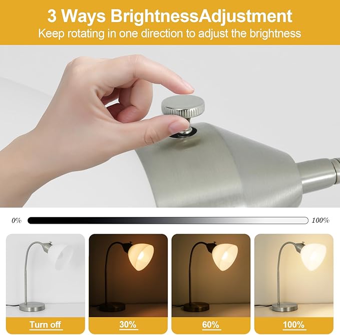 LED Desk Lamp for Home Office, 3 Levels Dimmable Reading Light, Flexible Table Lamp for Bedside Office, Rotary Switch Control, Desk Lamp for College Dorm Study Lamp, Bulb Included, Sliver