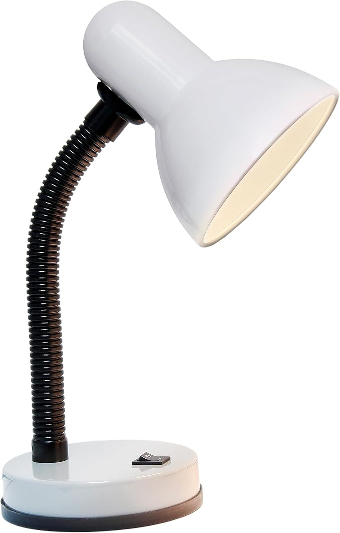 Simple Designs LD1003-WHT Basic Metal Desk Lamp with Flexible Hose Neck for Office, Living Room, Bedroom, College Dorm, Bookshelf, White (Pack of 1)