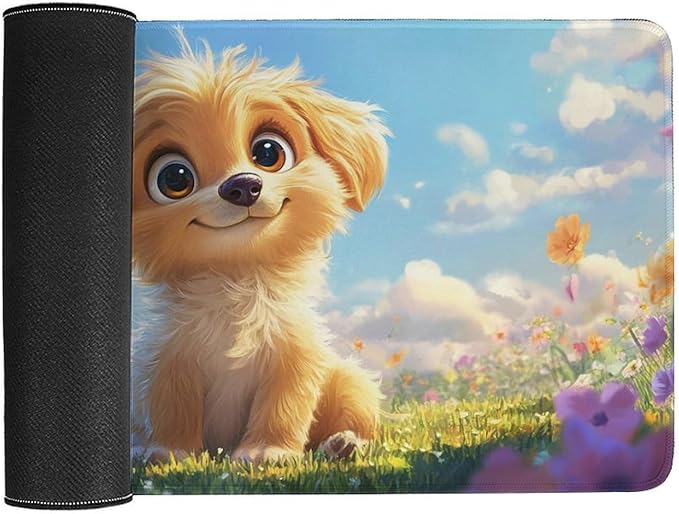 Large Ergonomic Gaming Mouse Pad Fluffy Puppy in Sunny Meadow - Cute Dog Theme with Non-Slip Base Water-Resistant Surface and Stitched Edges 40X75cm