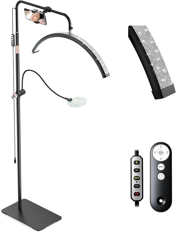 Half Moon Lash Light - Bling Diamond Lash Lamp with 4X Magnifier & Phone Holder, Adjustable Floor Lamp for Eyelash Extensions, Nail Art, Tattoo, Skincare, Dimmable Brightness, Rotating Head, Black