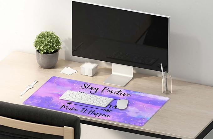 SSOIU Large Mouse Pad, Full Desk XXL Extended Gaming Mouse Pad 35.5" X 15.7", Stay Positive Work Hard and Make It Happen Inspirational Quotes Mousepad Art Pink Purple Starry Sky Black Quote Desk Mat