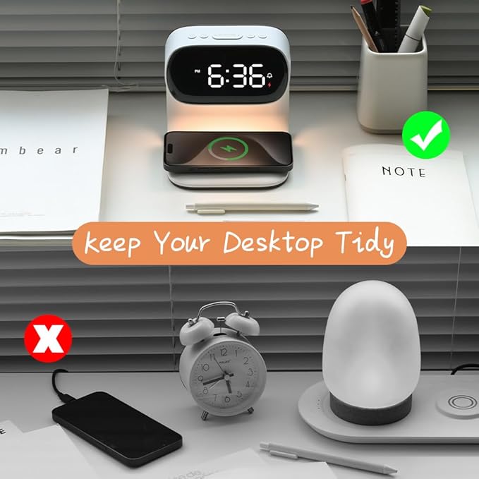WILIT Alarm Clock with Wireless Charging,Dimmable Night Light,Snooze Function,10W Fast Charger,Modern Bedside Clock for Bedroom,Kids,Teens,Adults,Gift for Men and Women(White)