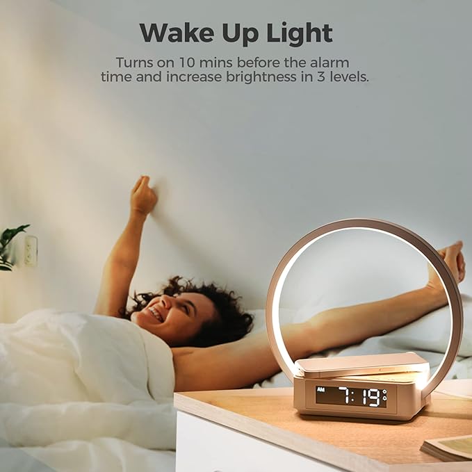 Desk Lamp with Alarm Clock Qi Wireless Charger, Touch Lamp for bedroom 3 Light Hues, Bedside Lamp 10W Max Wireless Charging Table Lamp LED Eye-Caring Reading Nightstand Light for Living Room