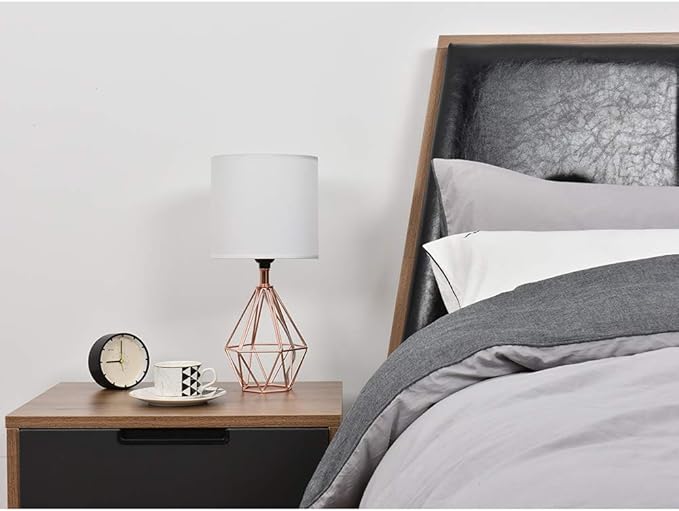 COTULIN Rose Gold Bedside Table Lamp,Modern Small Desk Lamp with TC Fabric Shade Geometric Metal Base for Kids Living Room Bedroom Nightstand