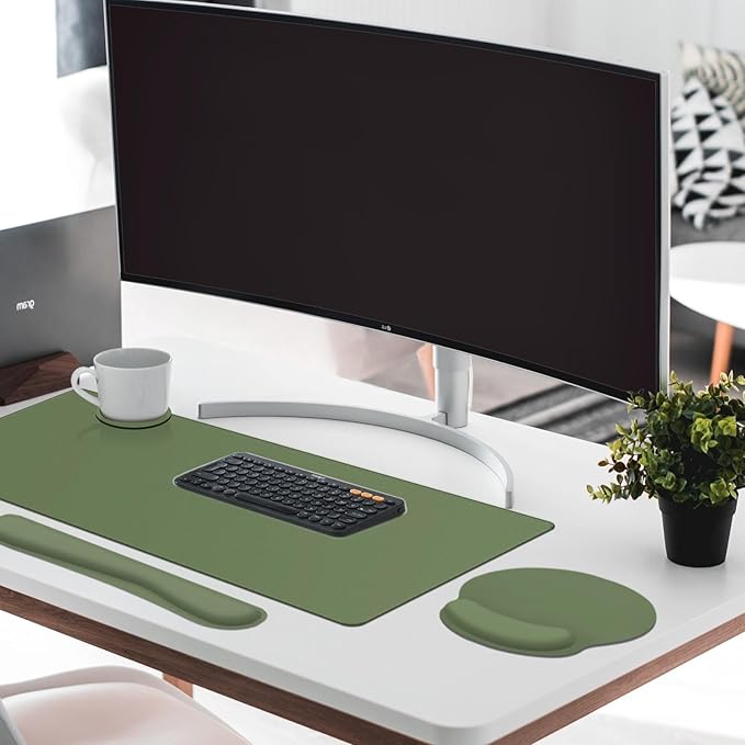 Britimes Olive Green Keyboard Mouse Pad Set 4in1 Large Mousepad+Keyboard Wrist Rest+Mouse Wrist Rest+Coaster Ergonomic Design for Home Office Computer 35.4x15.7Inches