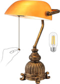 Newrays Retro Amber Glass Bankers Desk Lamp with Pull Chain Switch for Home Office, Library, Plug in Fixture, LED Bulb Included