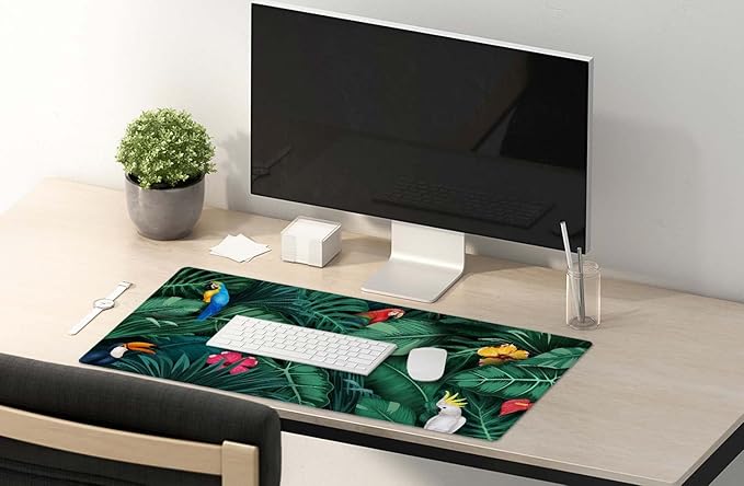 SSOIU Tropical Plants and Birds Large Desk Pad, Extra Large Gaming Mat, Non Slip Rubber Base, Stitched Edges - 35.5" x 15.7" for Work, Game, Office, Home