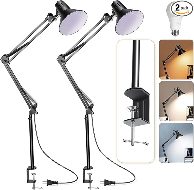 2 Pack LED Desk Lamp Dimmable with Clamp, Eye-Caring Clip on Lights for Home Office, 3 Adjustable Color Temperature, Extra Tall Metal Swing Arm, High Intensity Clamp w/A19 E26 Bulb for Working Reading