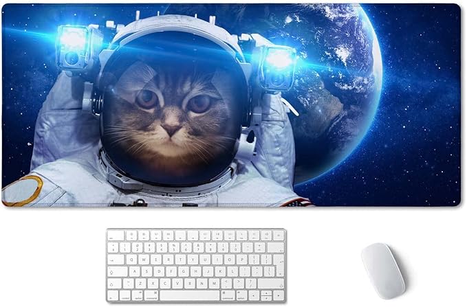 SSOIU Large Mouse Pad, Full Desk XXL Extended Gaming Mouse Pad 35.5" X 15.7", Waterproof Desk Mat Stitched Edges, Non-Slip Laptop Computer Keyboard Mousepad for Office and Home - Galaxy Astronaut Cat