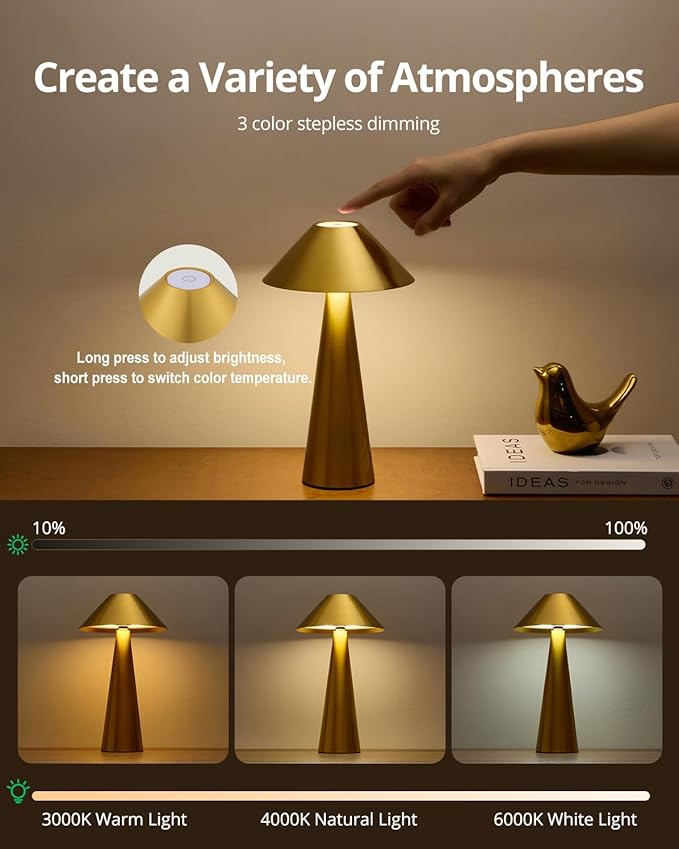 Bojim 2 Pack Rechargeable Cordless Table Lamp, Gold LED Battery Operated Wireless Table Lights, Touch for Color Changing Dimmable, IP54 Waterproof for Restaurant, Dining, Outdoor, Patio, Outside