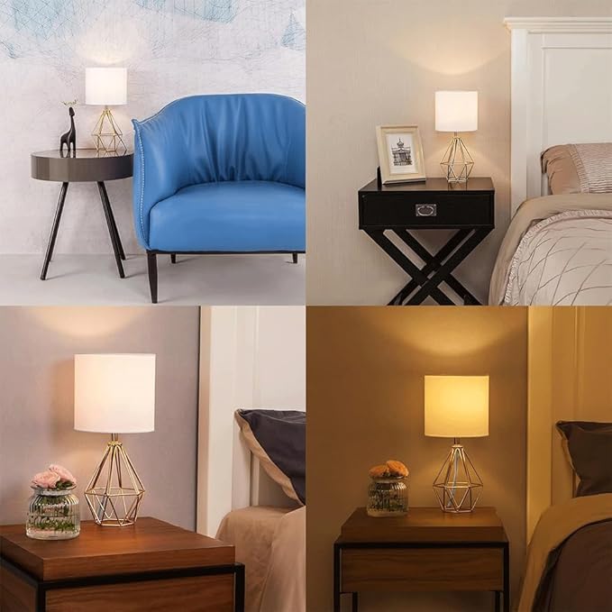 COTULIN Gold Small Table Lamp Set of 2, Modern Bedside Nightstand Lamps with Geometric Metal Base White Fabric Shade, Cute Desk Lamp for Living Room Bedroom