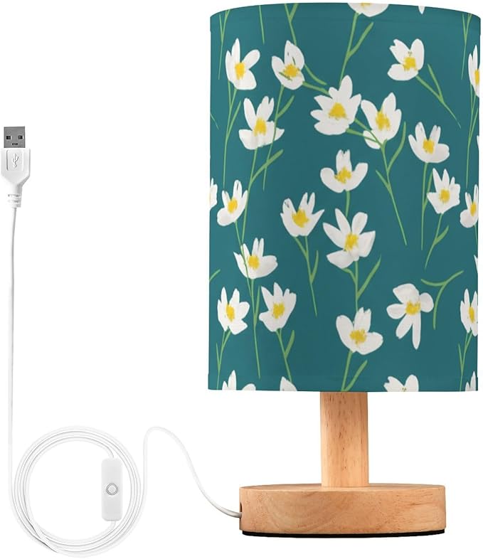 Green Floral LED Table Lamp, Bedside Lamp with Linen Lampshade, Flicker-Free Eye Care USB Plug in Nightstand Lamp, for Bedroom and Office