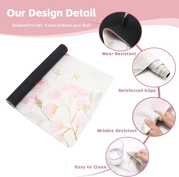 Baziabbo Pink Floral Desk Mat,XXL Extended Large Mouse Pad,Gaming Mousepad with Stitched Edge,Non-Slip Rubber Base Keyboard Desk Pad for Home Office Study Game
