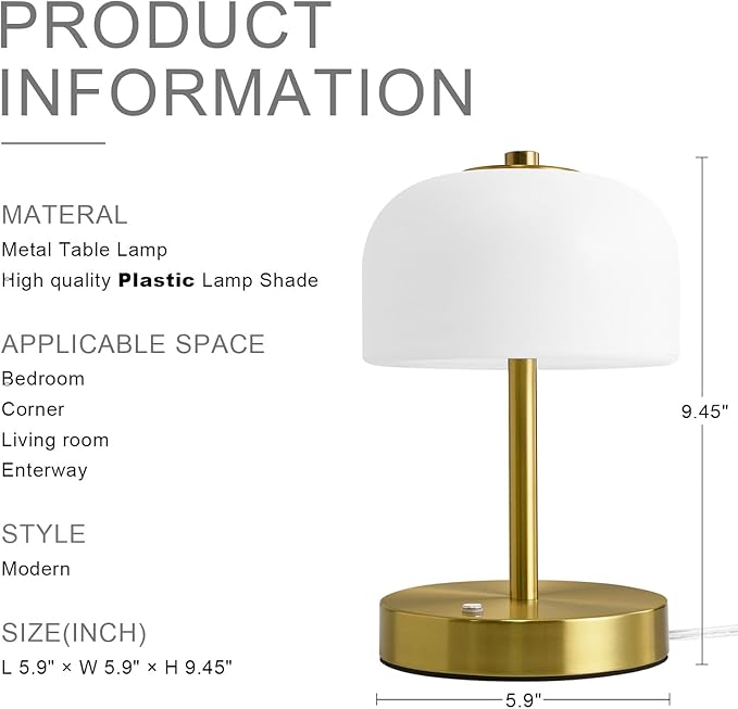 Oneach 9" Touch Control Gold Table Lamp with USB A+C Charging Ports, Dimmable LED Bedside Lamp with 3 Color Temperatures, Small Modern Table Lamps for Bedroom Nightstand Living Room