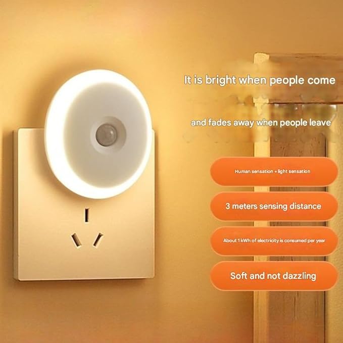 Plug-in Motion Sensor Night Light — Energy-Saving 0.7W Warm White, Auto On/Off (3–5m) & Ambient Light Sensing, Flicker-Free Eye-Care LED — Hallway, Bathroom, Bedroom, Nursery, Stairs