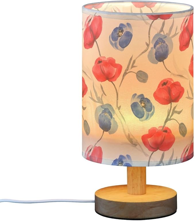 Red Floral LED Table Lamp, Bedside Lamp with Linen Lampshade, Flicker-Free Eye Care USB Plug in Nightstand Lamp, for Bedroom and Office