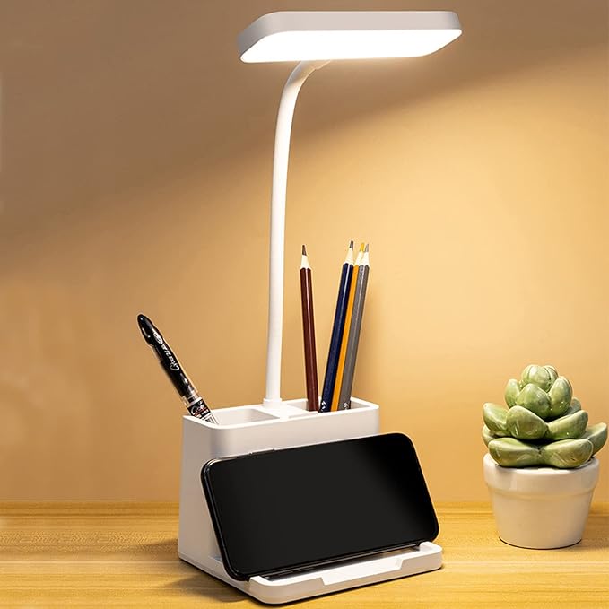 TOPROAD LED Small Desk Lamp with Pen Holder/Phone Holder Function, Rechargeable Desk Light with Flexible Gooseneck, 3 Modes, Eye Caring, Small Study Lamp for Kids, Home, Office, College Dorm Room