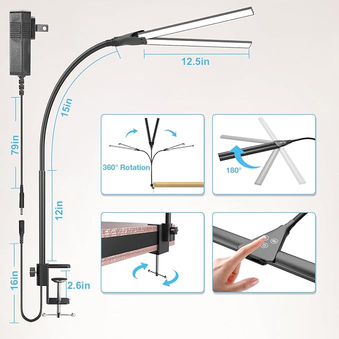 Double Head Clip On Desk Lamp, 1400lm Dimmable Gooseneck Architect Lamp with 5 Color Modes, Eye-Caring Task Light for Home Office,Workbench,Study, Black