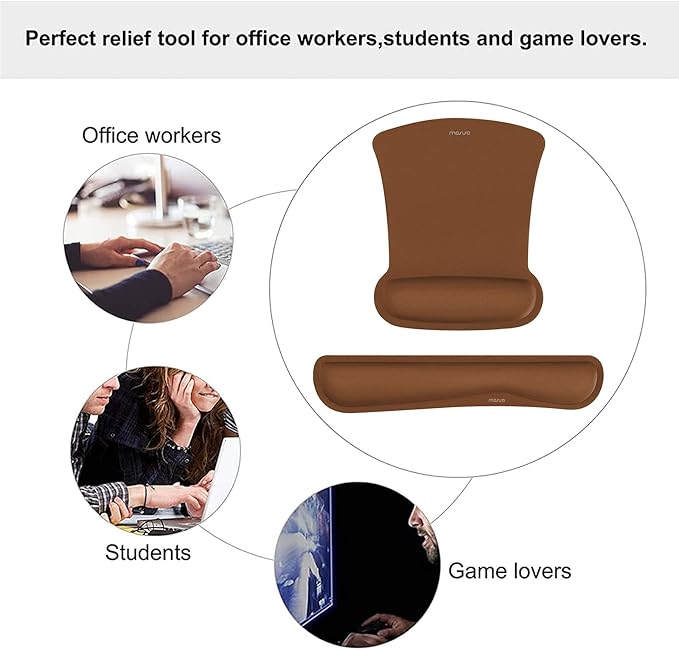 MOSISO Wrist Rest Support for Mouse Pad & Keyboard Set, Ergonomic Mousepad Non-Slip Base Home/Office Easy Typing Cushion with Neoprene Cloth & Raised Memory Foam, Brown