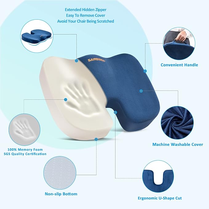 SAIREIDER Chair Cushion and Lumbar Support Pillow for Office Chair, Car Seat Cushions Back Support Pillows, Memory Foam Chair Support for Back & Lumbar, Ergonomic Coccyx & Lumbar Support (Blue)