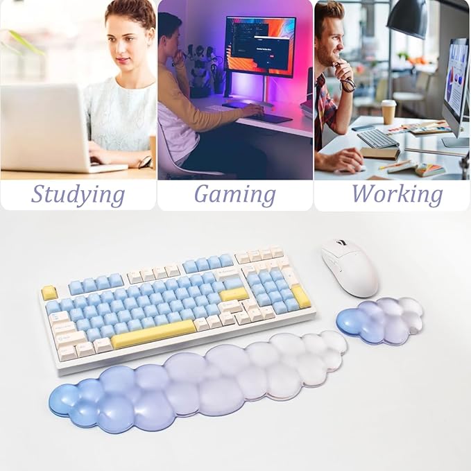 Gel Keyboard Wrist Rest Cloud Set, Clear Ergonomic Wrist Support and Arm Support Keyboard Rest for Typing Pain Relief, with Non-Slip Soft Washable Wrist Rest(Blue White)