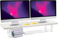 Dual-Monitor-Stand-Riser-For-Desk Adjustable Length 32-40 Inch，Large Desktop Computer Monitor Riser For 2 Screens，Desk Shelf Organizer Riser Stand For Computer/Laptop/PC/Printer/TV Black