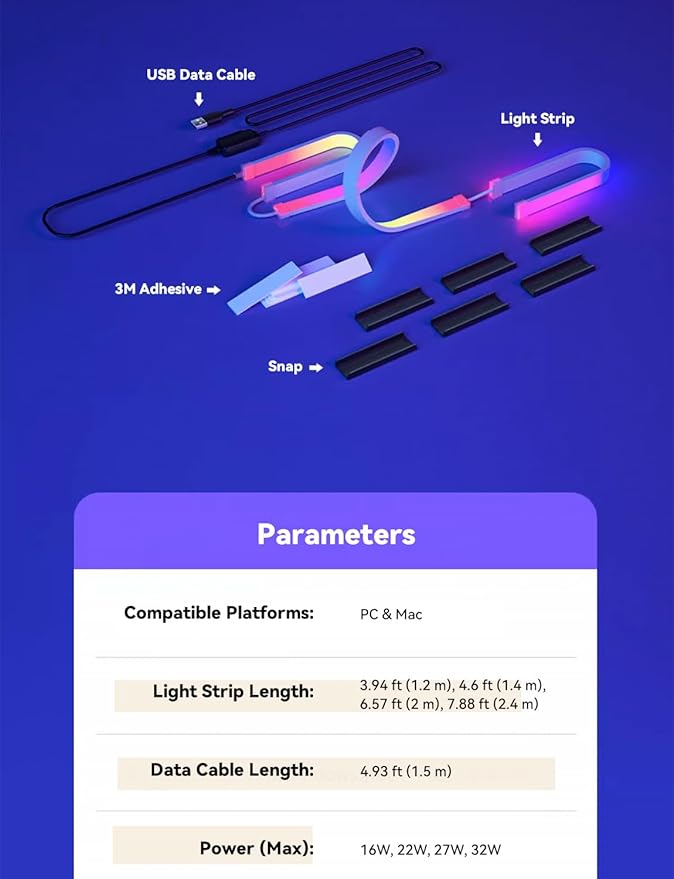 RGB Backlight LED Strip Light for PC & Mac, Sync with Screen Color or Music, Stick to the Edge of Your Desk, for Desk Gaming, USB Port, Software Control, 7.88ft / 2.4m