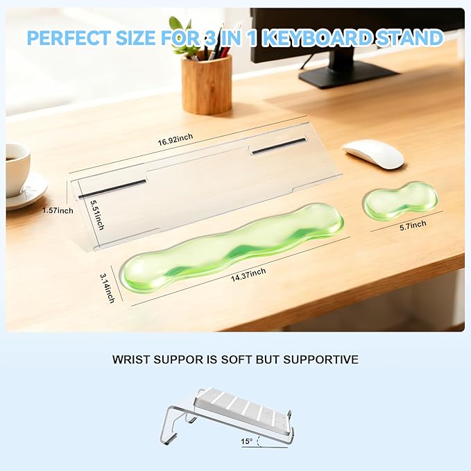 Acrylic Keyboard Stand with Cooling Gel Wrist Rest Set, Clear Ergonomic Keyboard Riser, Tilted Computer Keyboard Holder with Non-Slip Silicone for Mechanical/Wireless Keyboards, Home Office & Gaming