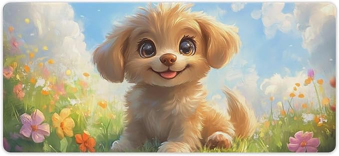 Large Ergonomic Gaming Mouse Pad Happy Puppy in Sunny Field - Lovable Dog Theme with Non-Slip Base Water-Resistant Surface and Stitched Edges 40x90cm