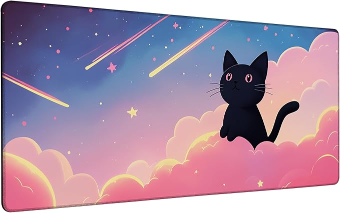 Large Mouse Pad 35.4x15.7 Inch Dreamy Cat Gaming Desk Mat with Non-Slip Rubber Base, Stitched Edges for Gaming,Office