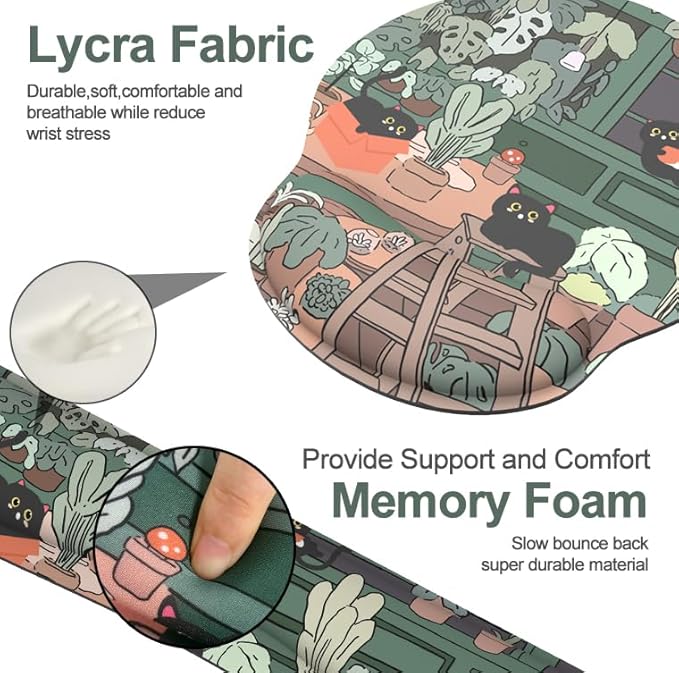 Ergonomic Mouse Pad with Wrist Rest and Keyboard Wrist Rest, Mousepad and Wrist Rest for Computer Keyboard, Non-Slip Rubber Base, Mouse Pad with Wrist Support for Gaming, Office, Cat