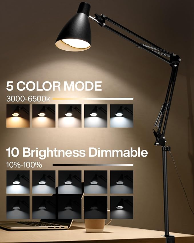 Led Desk Lamp for Home Office - Adjustable Gooseneck Table Stand with Clamp 5 Color Modes and 10 Brightness for Architect Puzzle Light Reading Craft Computer Work Study Sewing(Extra Tall Black)