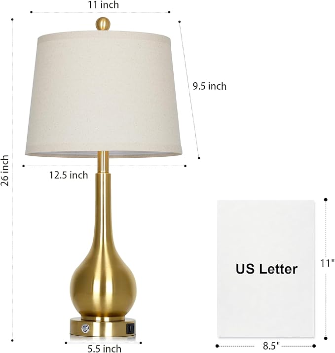 26" Gold Lamps Set of 2 for Living Room, Touch Control Table Lamps for Bedroom, 3-Way Dimmable Bedside Lamps for Nightstand with with USB A+C Ports (2 LED Bulbs Included)