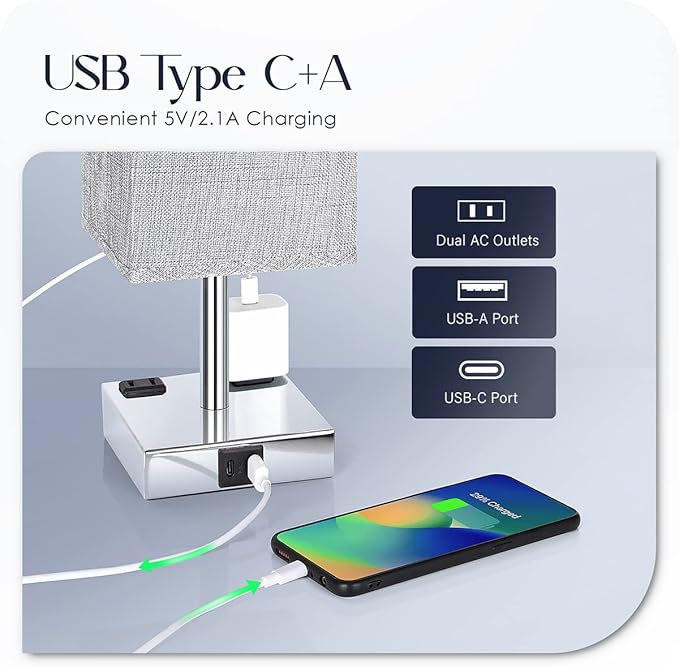Soilsiu Bedside Lamp with USB Ports - Touch Control Table Lamp for Bedroom with USB C+A Charging Ports & AC Outlets, 3 Way Dimmable Nightstand Light for Living Room (LED Bulb Included, Chrome - Grey)