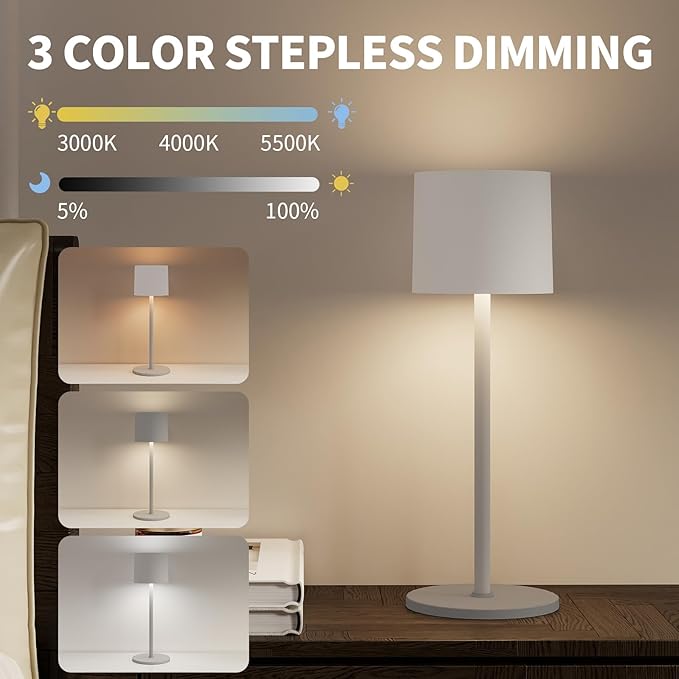 2-Pack Cordless Table Lamp, Portable LED Desk Lamps, 2 Adjustable Height, 4400mAh Battery Powered Rechargeable Light, 3 Color Stepless Dimming, for Restaurant, Bedroom, Outdoor Camping