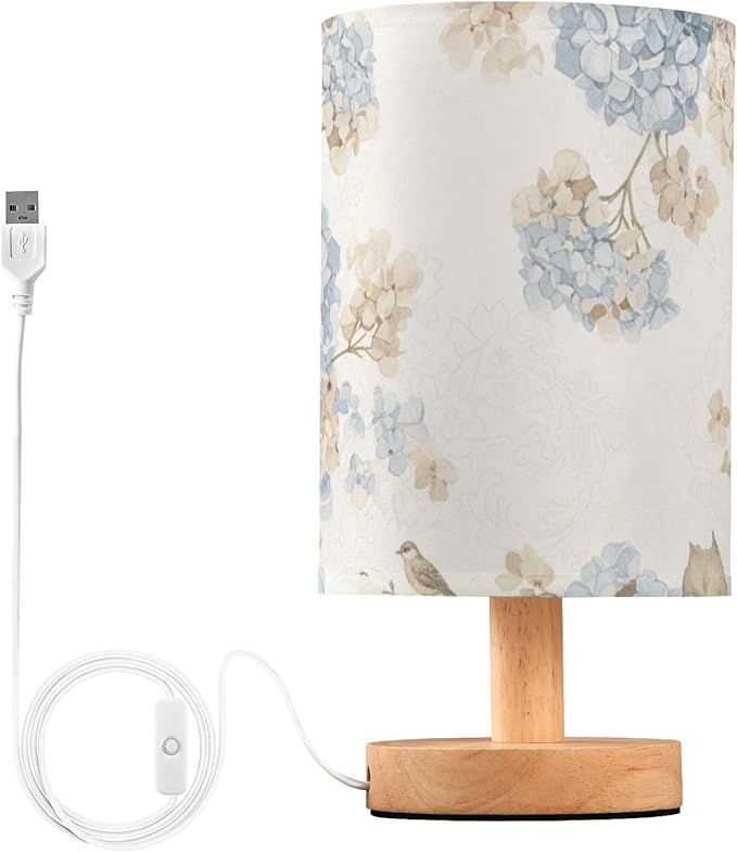 Hydrangea LED Table Lamp, Bedside Lamp with Linen Lampshade, Flicker-Free Eye Care USB Plug in Nightstand Lamp, for Bedroom and Office