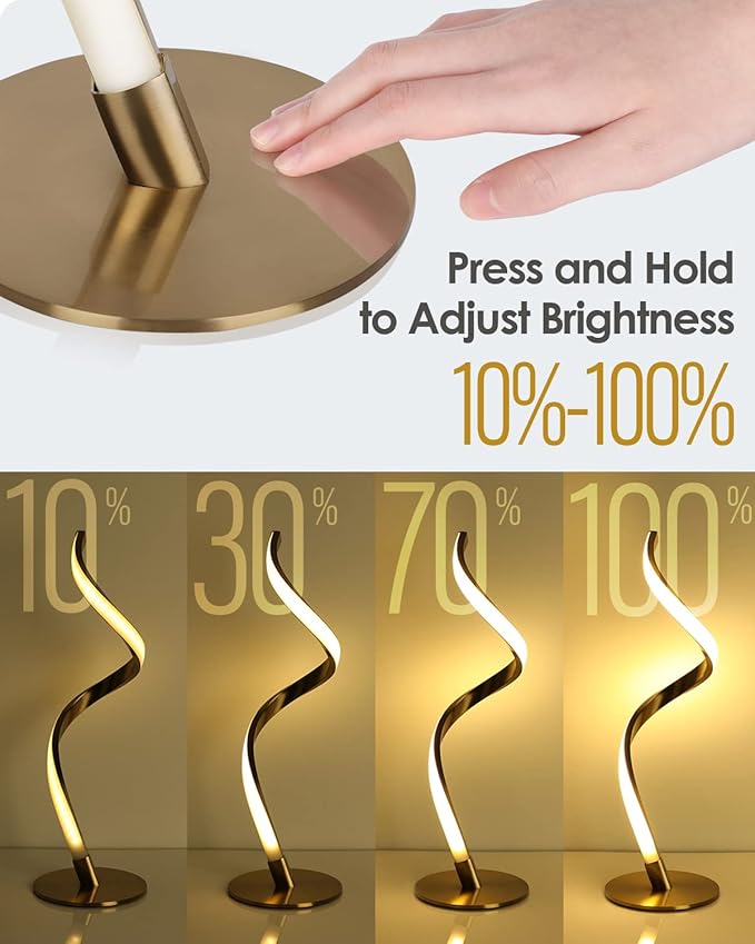 Yarra-Decor Modern Spiral Bedside Lamp - 3 Colors Touch Control LED Table Lamp, Stepless Dimmable Nightstand Lamps for Bedroom Living Room & Office, Gold(3000K 4000K 5000K)