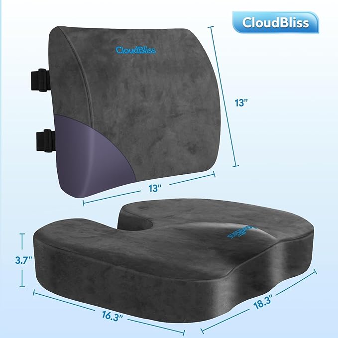 CloudBliss Seat Cushion, Office Chair Cushion, Car Seat Cushion, Lumbar Support Pillow for Office Chair, Back Support Memory Foam Pillow Coccyx Cushion for Tailbone & Coccyx Support, Grey, X-Large