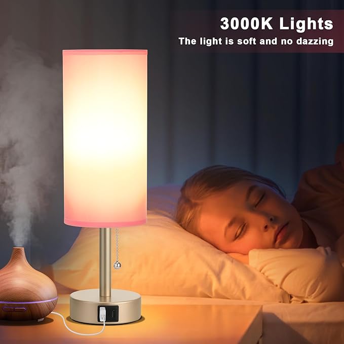 Small Table Lamp for Bedrooms - Bedside Lamps for Nightstands, Minimalist Night Stand Light with round fabric shade, Desk Reading Lamps for Children's room, Living room, Offices,Dorm (Pink and Gold)