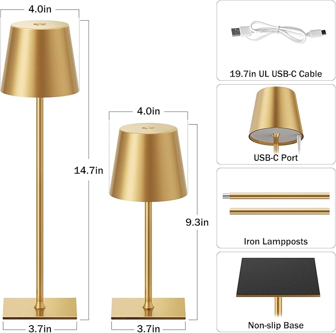 Gold Cordless Rechargeable Table Lamp, 4 Pack Portable Desk Lamp with 5000mAh Battery, Touch Control Stepless Dimming, Wireless Night Light for Dining, Outdoor Camping, Coffee Shop, Waterproof Design