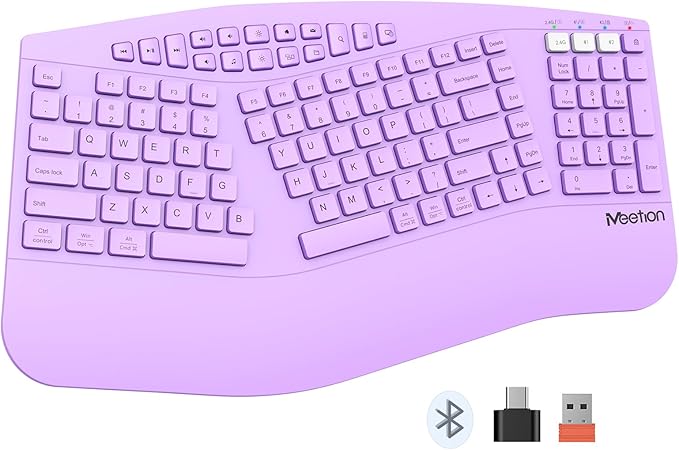 MEETION Ergonomic Keyboard Wireless, Multi-Device Bluetooth Keyboard, Wrist Rest for Natural Typing, Full-Sized Rechargeable Split Computer Keyboards, for Windows/Mac/PC/Laptop/Ta