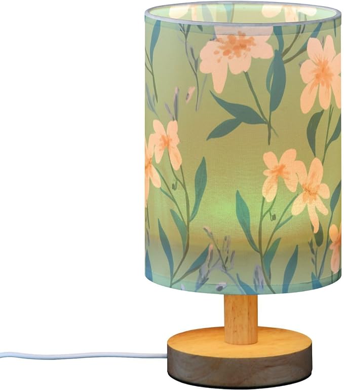 Green Floral LED Table Lamp, Bedside Lamp with Linen Lampshade, Flicker-Free Eye Care USB Plug in Nightstand Lamp, for Bedroom and Office