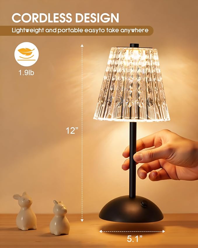 Rechargeable Cordless Table Lamp, Touch Control Crystal Desk Lamp with 3500mAh Battery, 3 Color Dimmable LED Small Lamp for Bedroom Bedside Restaurant Kitchen Home Decor, Black
